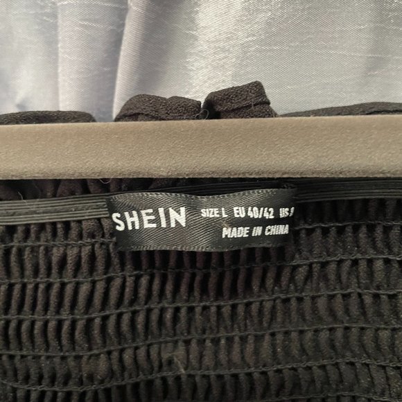 SHEIN Black Dobby Mesh Sleeve Shirred Bardot Peplum Top Polka Dot - Sz L - Picture 5 of 5